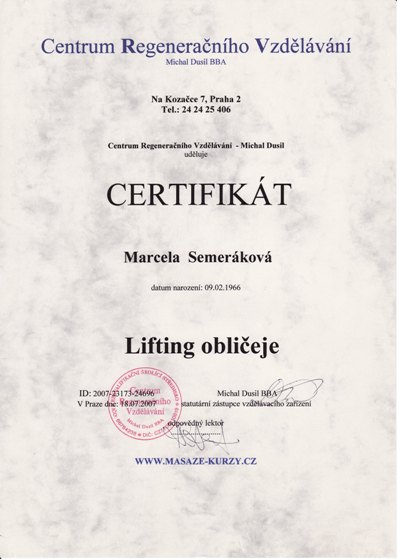 Certifikát - Lifting obličeje